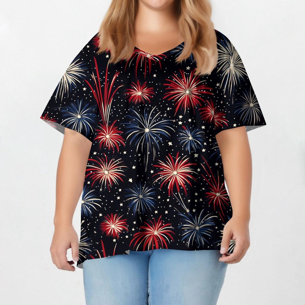 Damenmode Lässig V-Ausschnitt Pullover Kurzarm Übergröße Bedrucktes T-Shirt Top