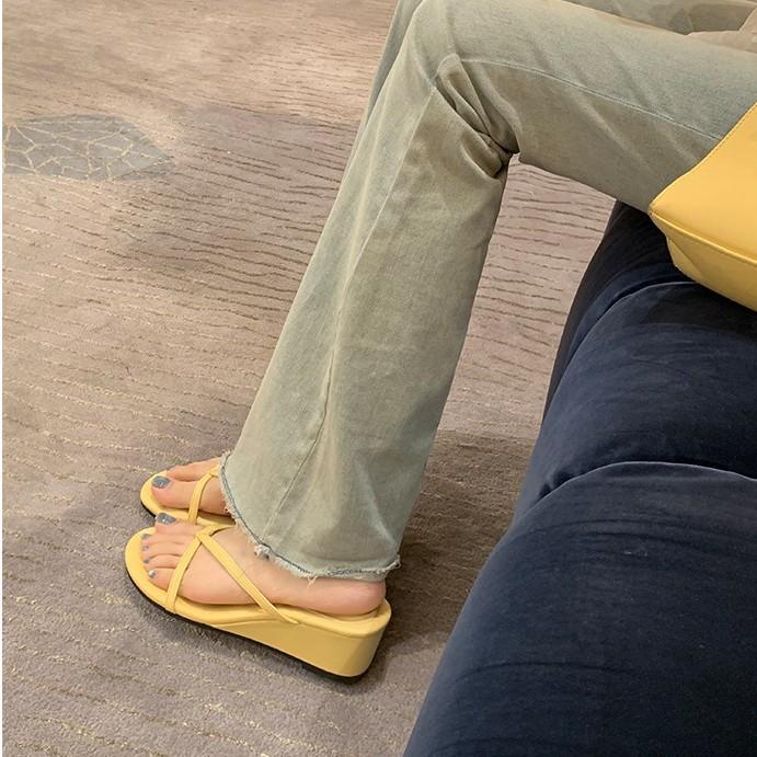 Sheepskin heel height 6cm slippers women's summer toe fairy wind outer wear thin band wedge herringbone cool slippers