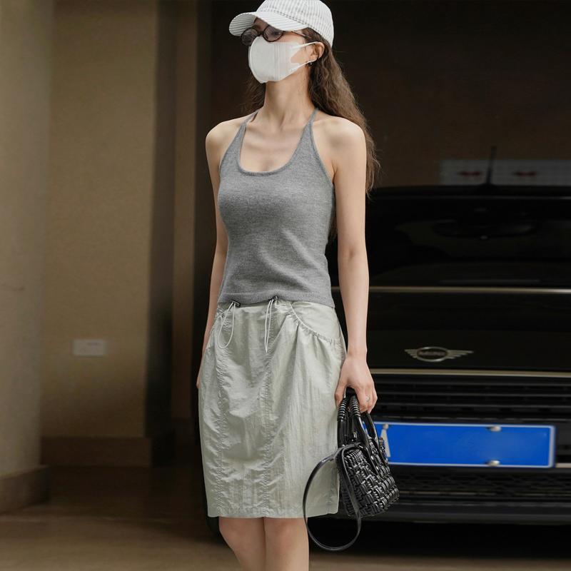 Johnature American Sexy Wool Racer Tops Summer Fashion Sleeveless Render Soft Simple Slim Tops