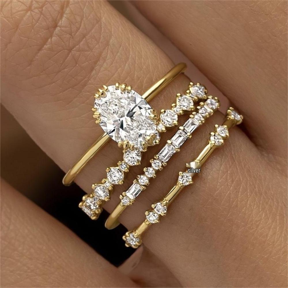Sanjie Wish Luxury Zircon Flower Jewelry Set: European & American Style Engagement and Anniversary Rings (4-Piece)
