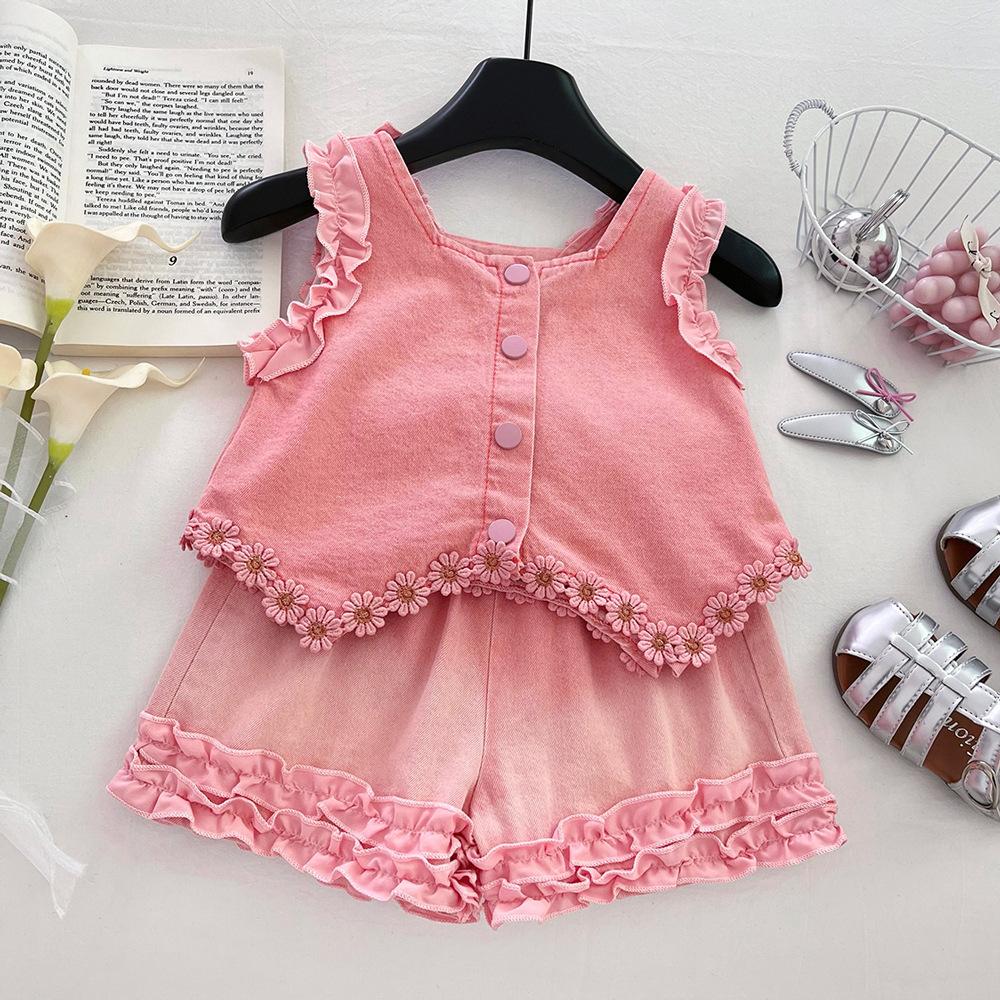 Girls Summer Denim Two Piece Set Lace Trim Sleeveless Backless Top And Shorts Baby Thin Casual Outfit 80cm
