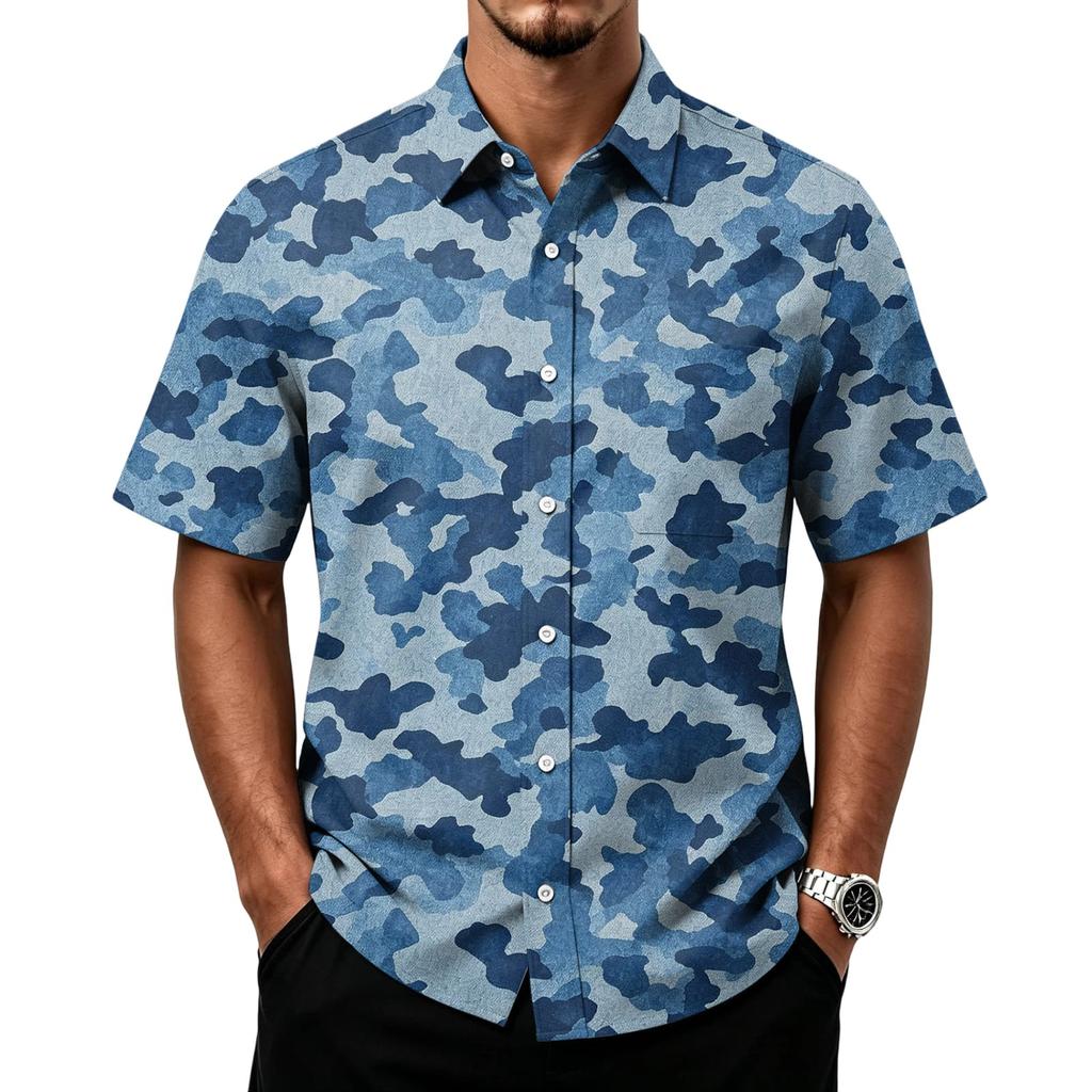 Men's Casual Short Sleeve Button Down Shirt Lightweight Breathable Fabric Classic Fit with Front Pocket Camouflage Print