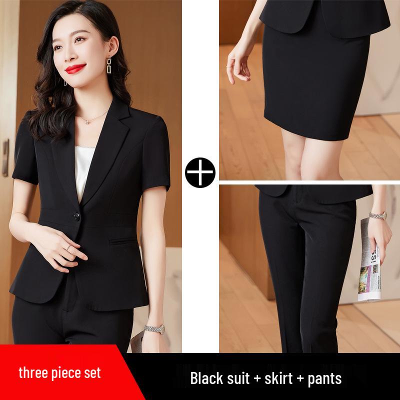 Women's Thin Black Blazer with Short Sleeves - Summer Professional Suit Set for Formal Work