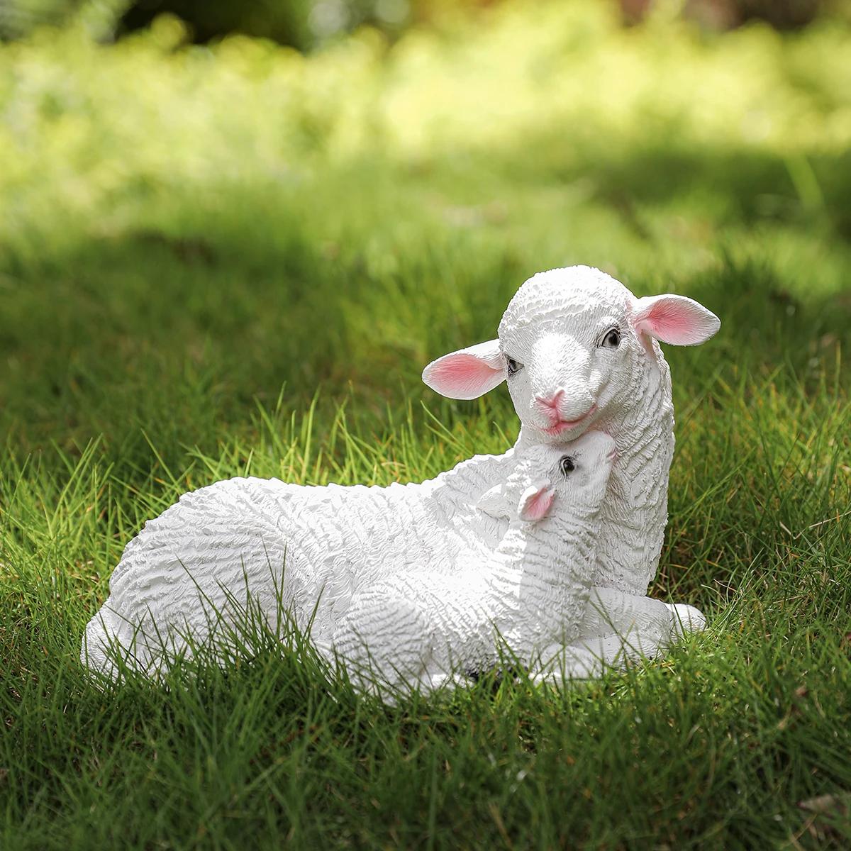 

Creative Cute Resin White Lamb Mother Baby Sheep Ornaments Courtyard Garden Villa Sculpture Crafts Outdoor Landscape Figurines
