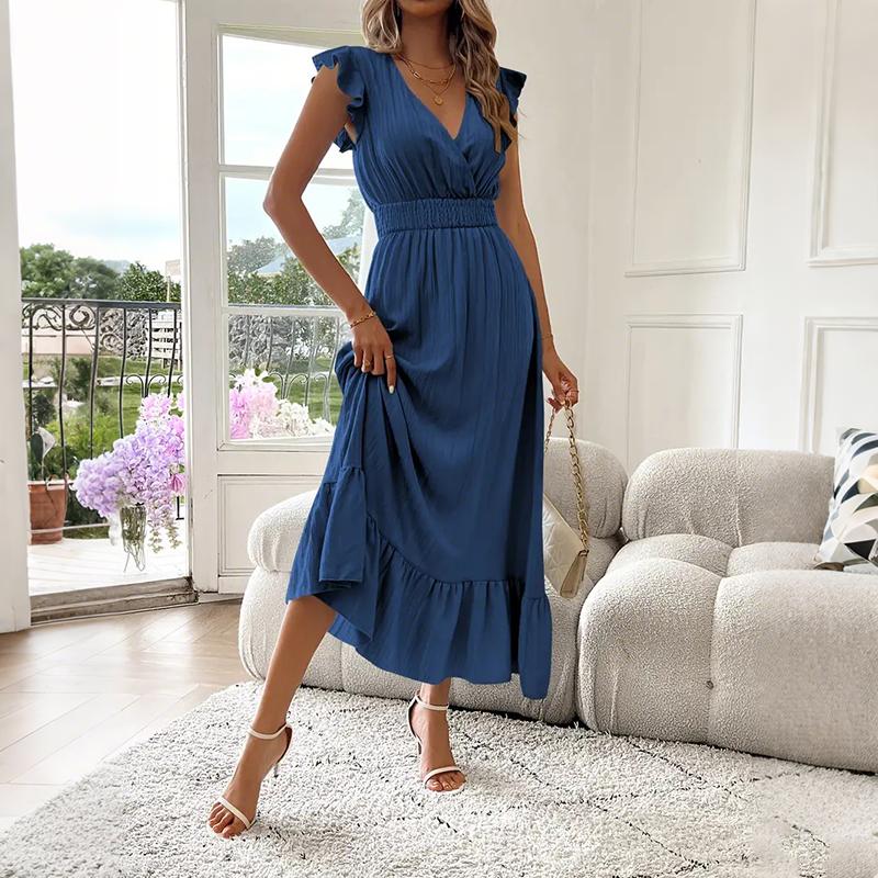 Women Summer Ruffles Short Sleeve V Neck Solid Color Holiday Beach One Piece Dress