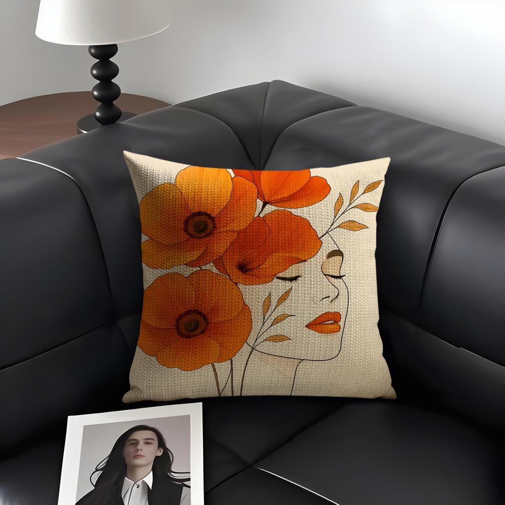 Flowers And Women Cushion Cover Natural Linen Organic Fabric DoubleSided Printing Sofa Home Decor Gift Pillow Case