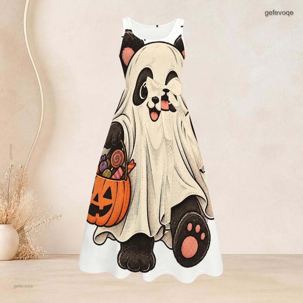Women Plus Size White Round Neck Sleeveless Halloween Panda Ghost Printed Tie Waist A Line Dress