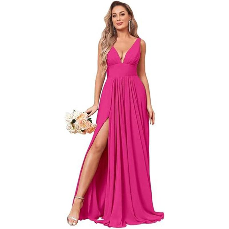 Evening dress summer new deep V-neck split fork long chiffon bridesmaid pleated formal ball dress