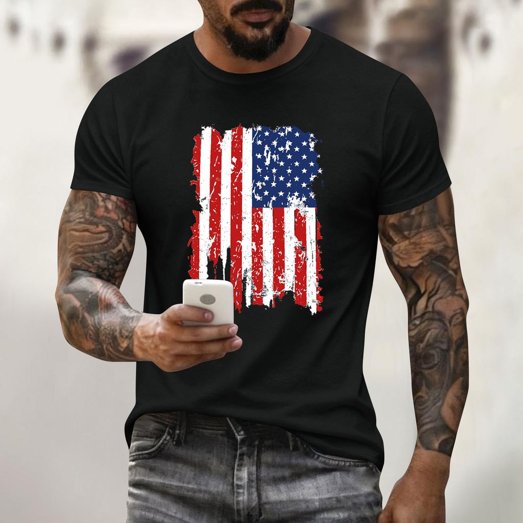 Męski top z nadrukiem świątecznym, z okrągłym dekoltem, krótkim rękawem, casualowy, sportowy