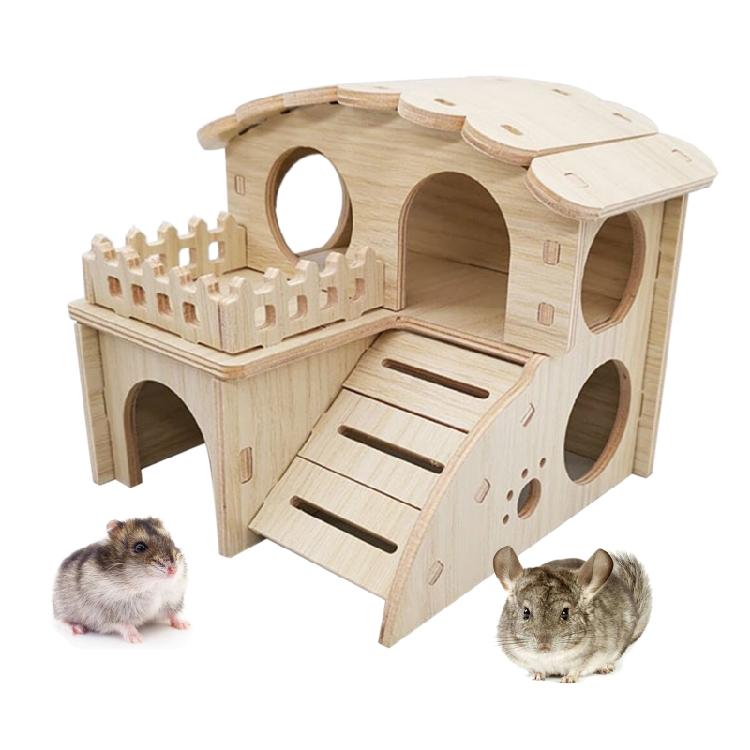 Small Animal Wooden Hut Luxury Villa House Two Layers for Dwarf Mouse Rat Gerbil
