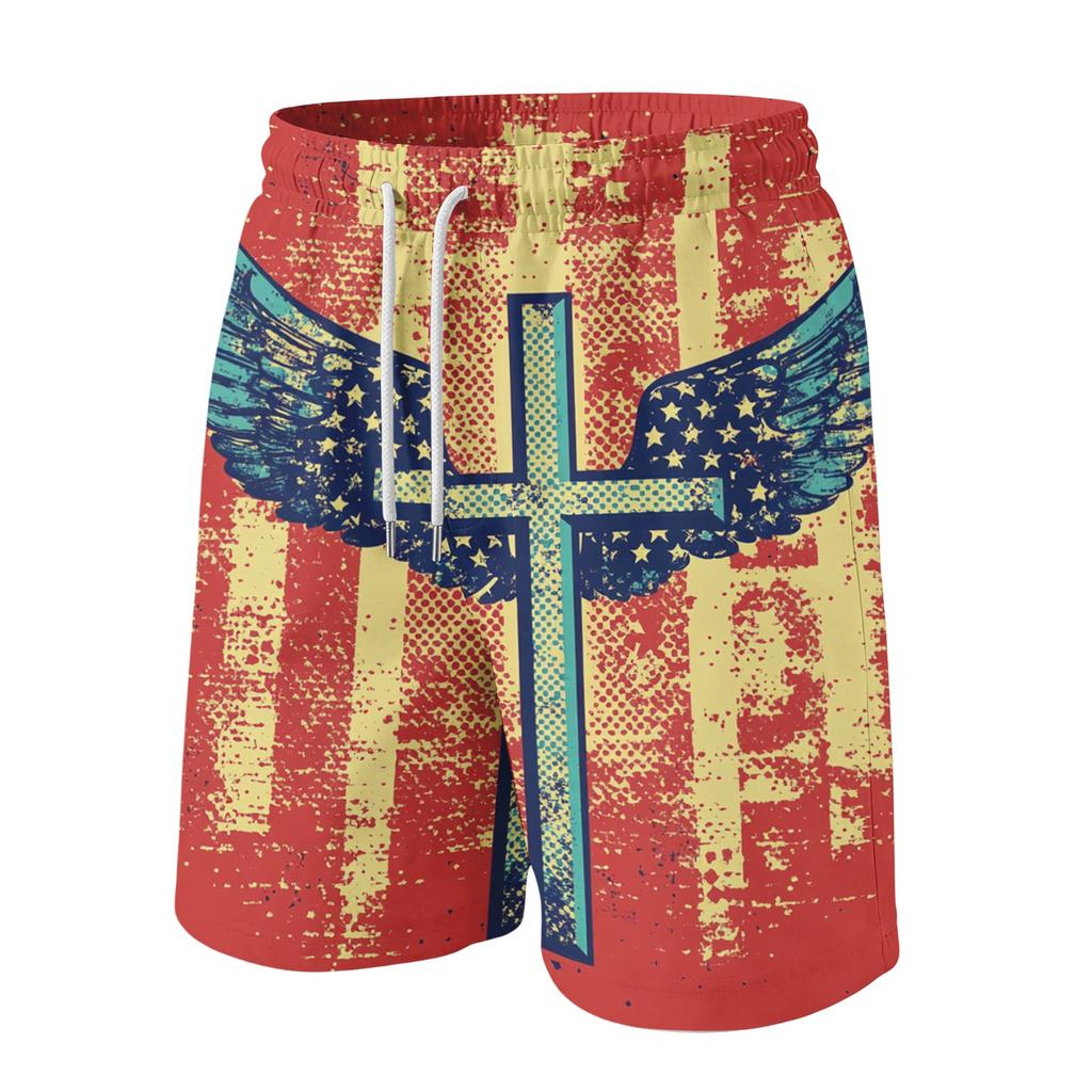 Men's Independence Day Print Drawstring Shorts - Elastic Waist Casual Summer Beach Shorts