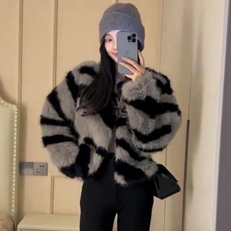 Ebra Pattern Fur Acket Imitation Fox Hair Short Small Fragrant Style Fashion Temperament Plush Cardigan Top