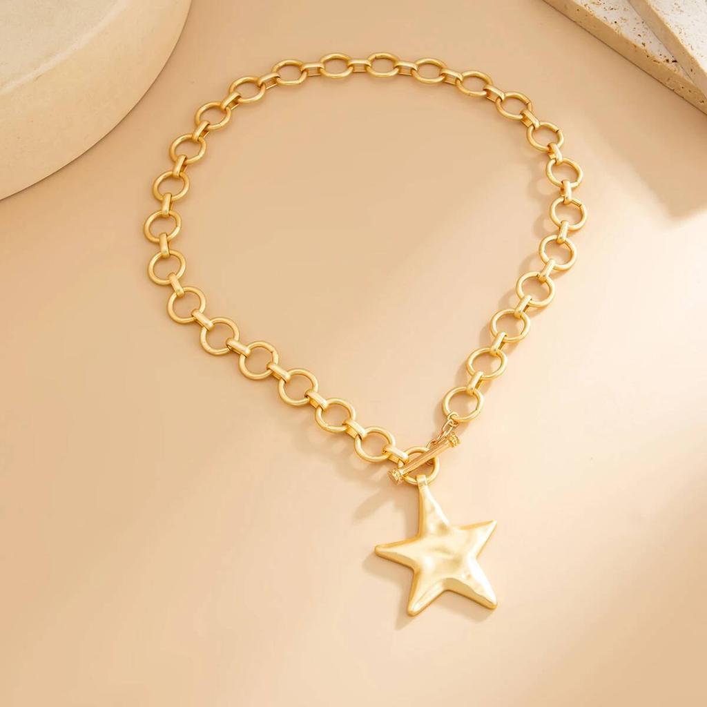 KunJoe Hip Hop Geometric Star Pendant Necklace for Women Punk Style Chunky Chain Necklace Clavicle Chain Party Street Jewelry