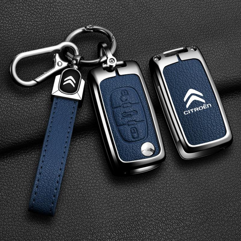 Custodia Protettiva Guscio Portachiavi Fob in Metallo e Pelle per Chiave a Flip per Auto Citroen C2 C3 C4 C5 C6 C8 Xsara Picasso Berlingo