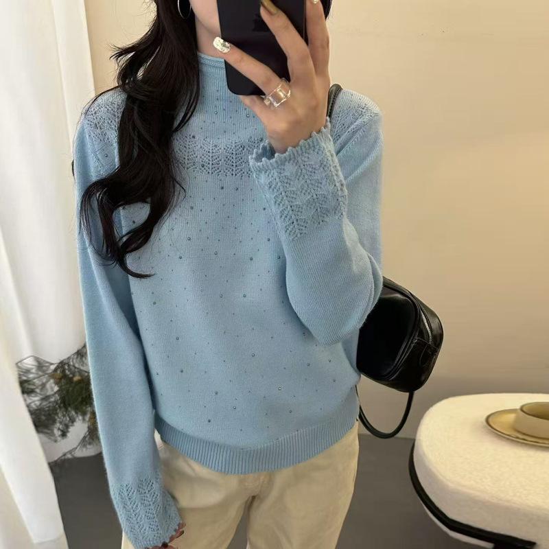 Women S Rhinestone Jacquard Half High Neck Pullover Sweater Soft Warm