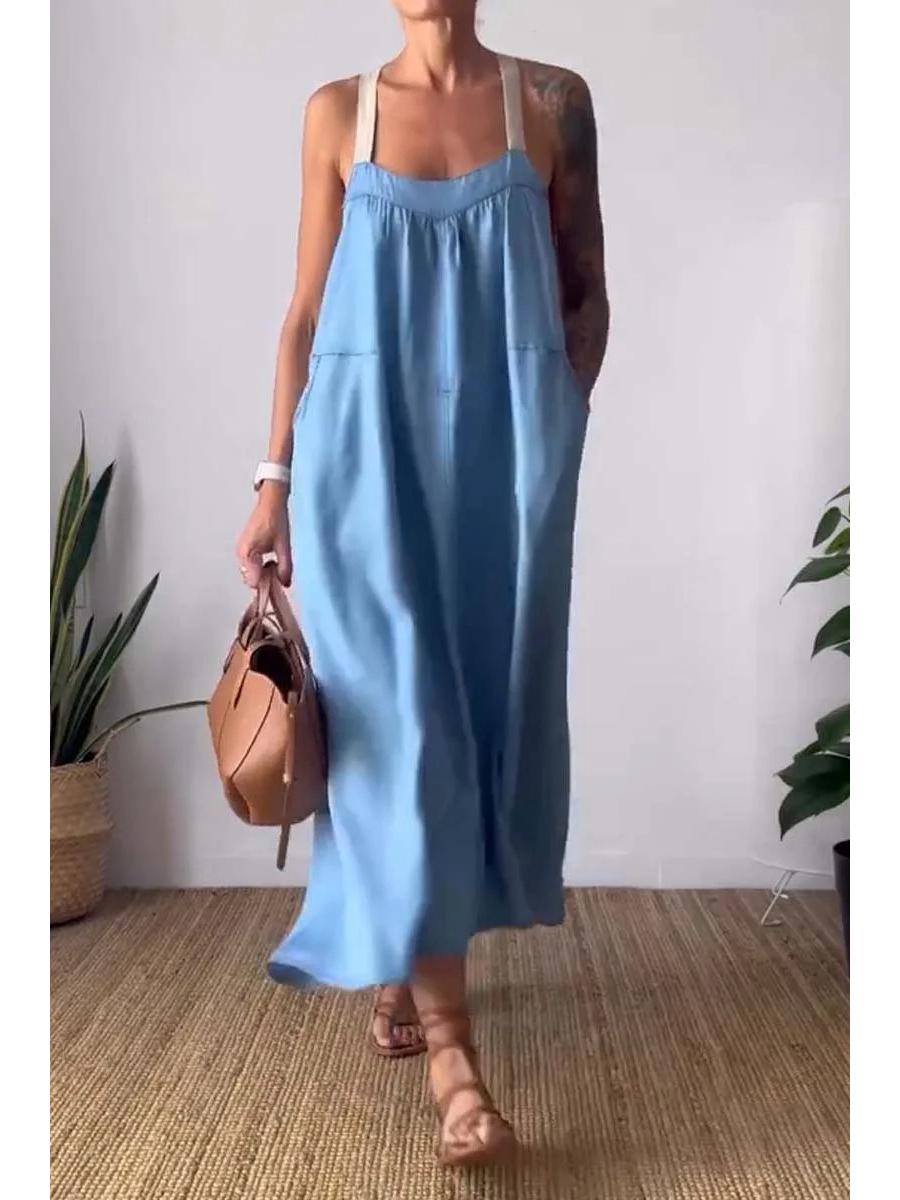 

Повседневный летний комбинезон из хлопка и льна в европейском и американском стиле Small (S) синий