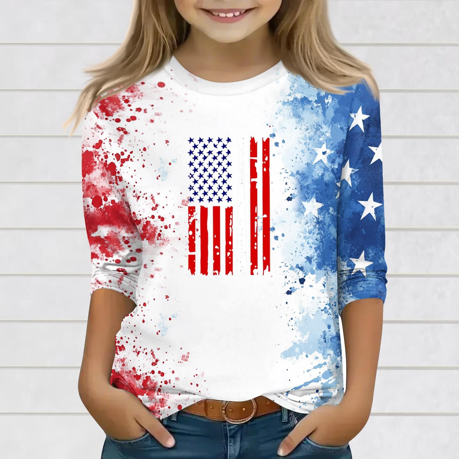 

Print Tops For Youth Girls Round Neck 3/4 Sleeves T-Shirts Trendy Tops Outfit Tees 110 синий