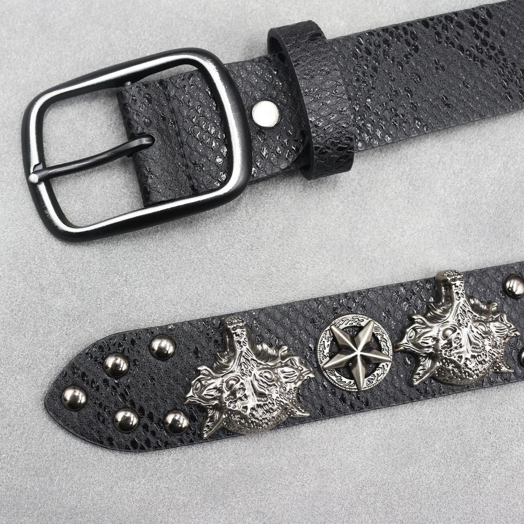 7-Farben 3D Wolfskopf Nieten Ledergürtel mit Schlangenprint für Herren und Damen, Y2K Punk Stil