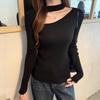 Women's Black Long Sleeve Knit Sweater Top - Halter Neck with Hollow Design, Perfect Slimming Base Layer for Autumn/Winter
