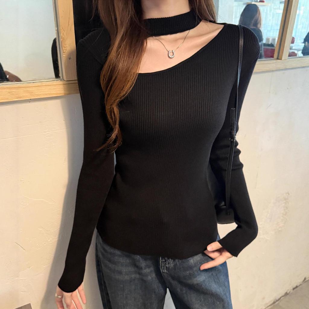 Women's Black Long Sleeve Knit Sweater Top - Halter Neck with Hollow Design, Perfect Slimming Base Layer for Autumn/Winter
