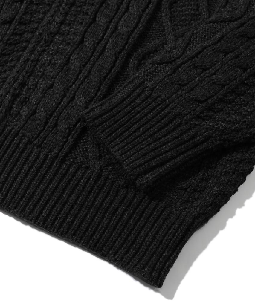 TRILLION Washable Aran Cable Hooded Zip-Up Knit (Pure Black)