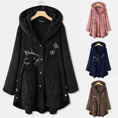 Autumn and Winter Button Plush Top Irregular Cat Embroidery Women's Coat