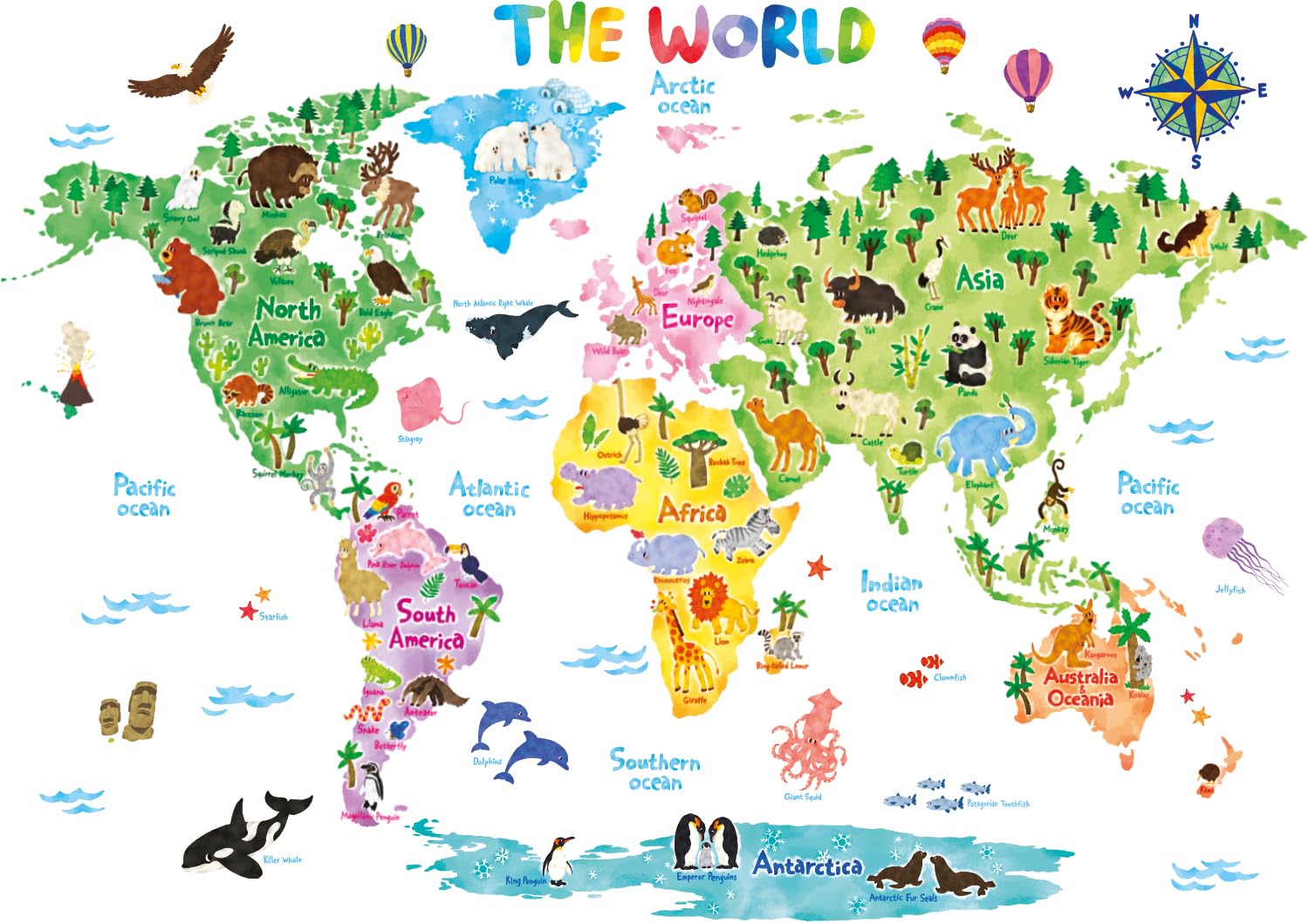 

DECOWALL Extra Large Animal World Map Wall Sticker Decorative Wall Art for Kids Wall Transfer Bathroom Home Vintage DL3-1615 (140x110 cm)