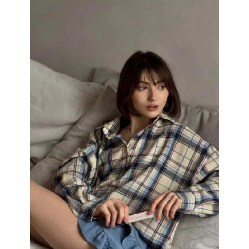 Camicie a Righe e a Quadri Morbide da Donna Stile Retrò Primavera/Autunno 2026 Collo a Revers a Quadri Manica Lunga Tasca Camicetta Casual Semplice Elegante Top Abbigliamento da Ufficio