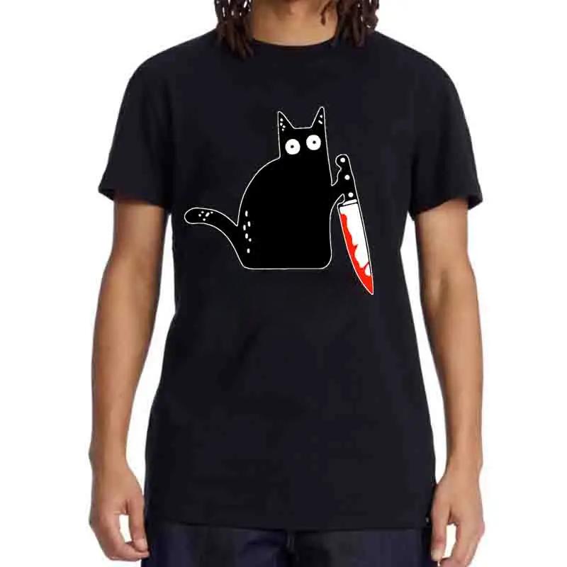 

Забавные мультяшные футболки с принтом кота с ножом, мужская модная повседневная футболка с коротким рукавом, свободная, дышащая, из чистого хлопка 3XL чёрный