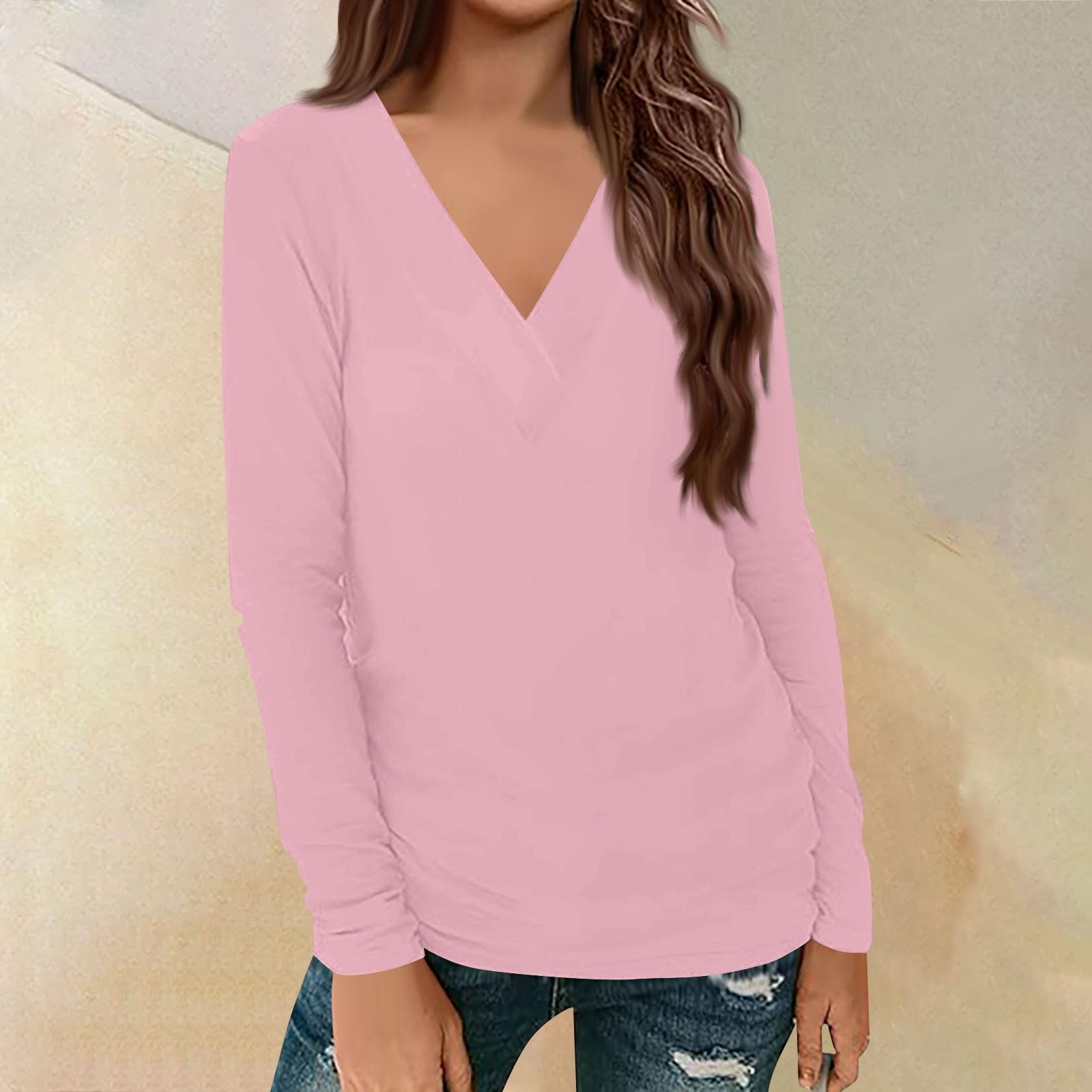 

Женский повседневный однотонный принтованный длинный рукав свободный пуловер с V-образным вырезом XL розовый