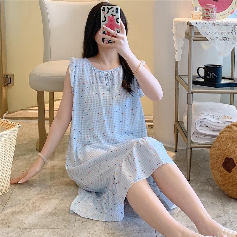1011 Korean version of princess style dress cute loose artificial cotton loungewear cotton and silk nightdress women's summer thin