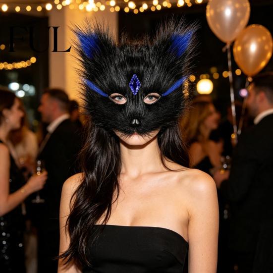 Adjustable Strap Fox Mask Halloween Half Face Mask, Plush Animal Masquerade with Women Girls Cosplay Masks Rhinestone Gems, Party Prop for Ball Props