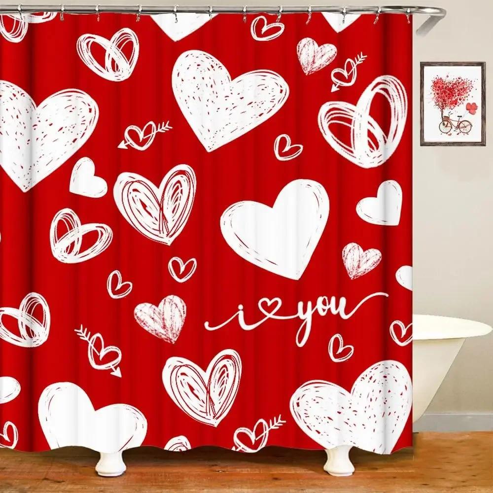Walentynkowa Zasłona Prysznicowa Spadające Czerwone Para Romantyczna Miłość Łazienka Dekoracyjna Wodoodporna Zasłona Prysznicowa 90x180cm