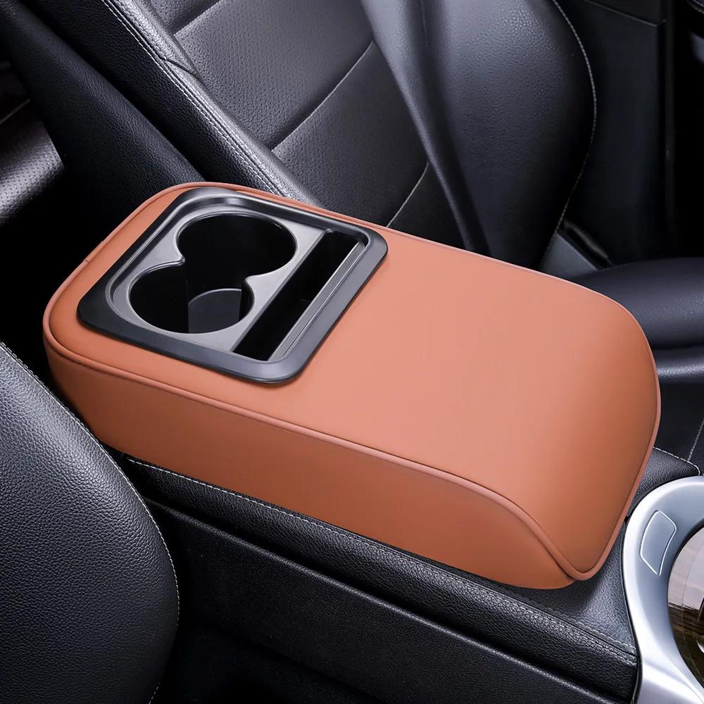 2 in 1 Car Armrest Cushion with Cup Holders, PU Leather Center Console Pad, Portable Height Adjustable Pillow for Comfort Suppor