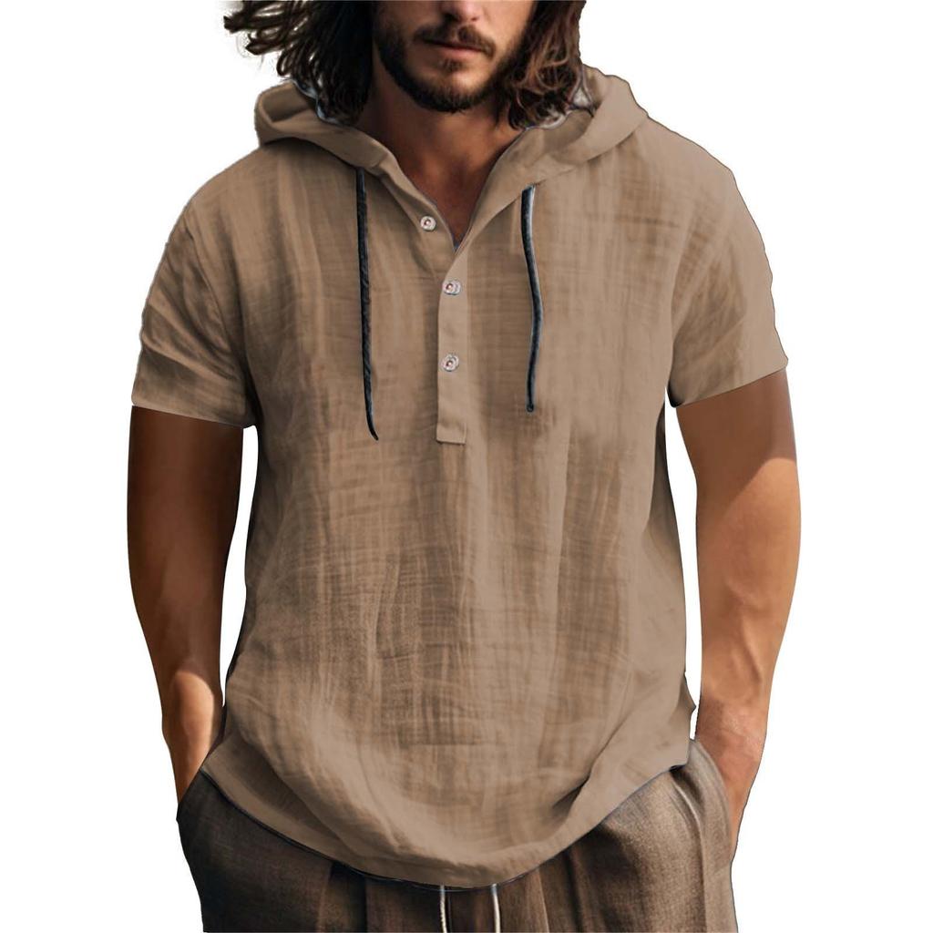 Linen Shirt Hooded Sweater Short-sleeved Hooded Spring and Summer Casual Men's Beach T-shirt