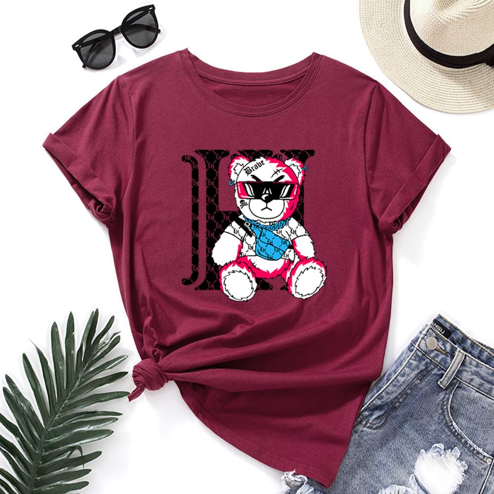 Cartoon Bear Cotton T-Shirt Short Sleeve Round Neck Women 2d Print Tops