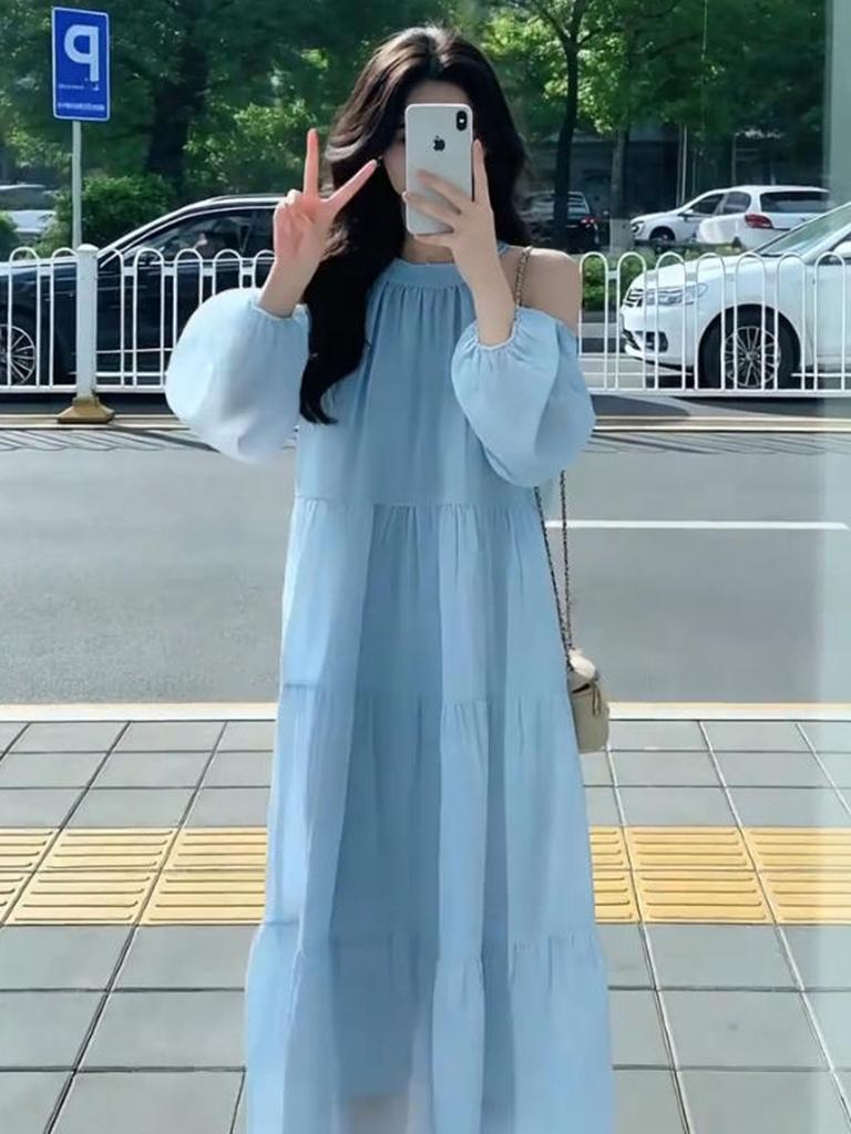 New French gentle wind sweet loose beautiful fairy long dress seaside vacation wind off-the-shoulder dress female