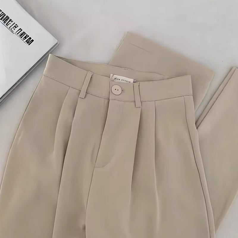 Herbst Damen Anzugshose Knopf Reißverschluss Hohe Taille Lange Hose Einfarbig Gerade Weites Bein Büro Dame Hose