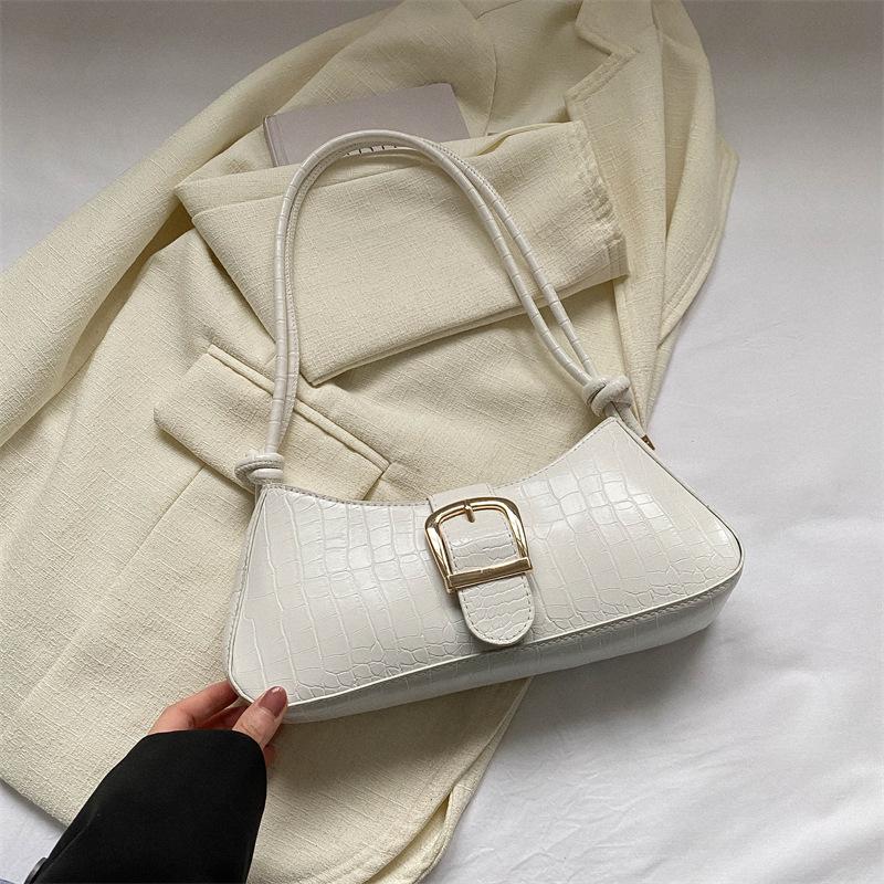 2023 Trendy White French Texture Underarm Handbag for Women - Solid Color Baguette Style