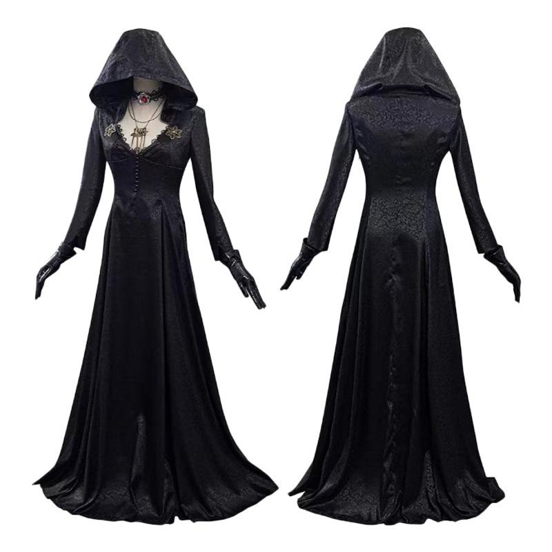 Daughter of Lady Dimitrescu Cosplay Costume Gothic Black Long Dress with Hood Vampire Bella Cassandra Halloween Medieval Costume