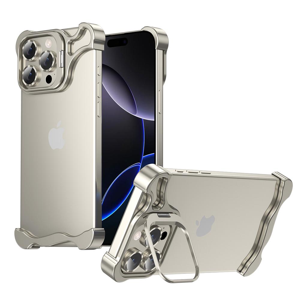 Custodia per Telefono con Supporto e Protezione Lente Senza Cornice in Lega di Alluminio Metallico Unica per iPhone 16 15 14 Pro Max con Copertura Pellicola Protettiva Lente