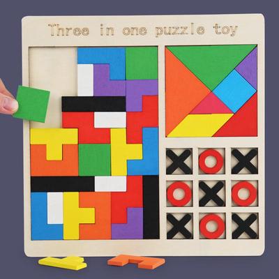 Pädagogisches Tetris-Tangram-Puzzle aus Holz, 3-in-1-Spiel für Kinder