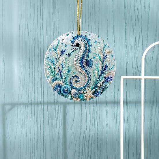 Handcrafted Sea Series Ornaments Ocean Theme Pearl Art Hanging Ornament, 2D Flat Acrylic Coastal Beach Home Decorations Life Suncatcher, Beaded