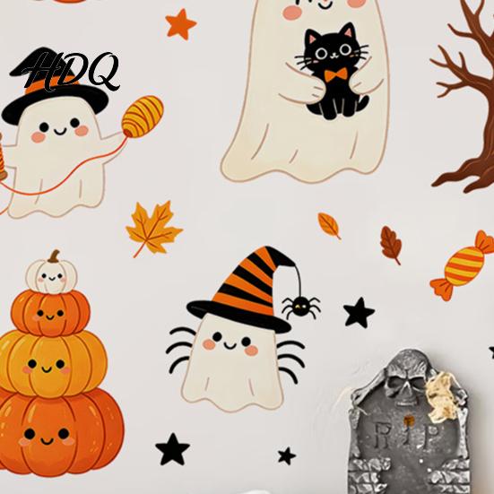 Self Adhesive Wall Mural for Kindergarten Halloween Stickers Cute Ghost And Pumpkin Print Decals Creative Classroom Holiday Layout Removable PVC DIY