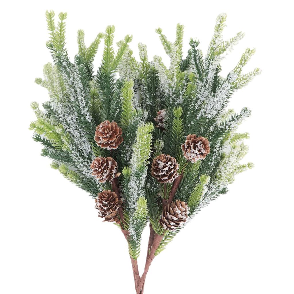 13in Christmas Fake Frosted Pine Pick W/Pinecone Artificial Flocking Pine Pick Fake Greenery Tree Branch for White Winter Decor