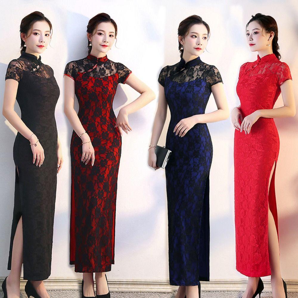 Retro Lace Cheongsam Slim Lace Traditional Qipao Wedding Dress Long Fork Cheongsam  New Year