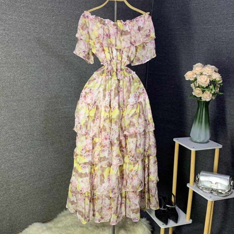French beach dress one word shoulder off the shoulder waist thin a word cake floral dress summer temperament commute One size fits all жёлтый