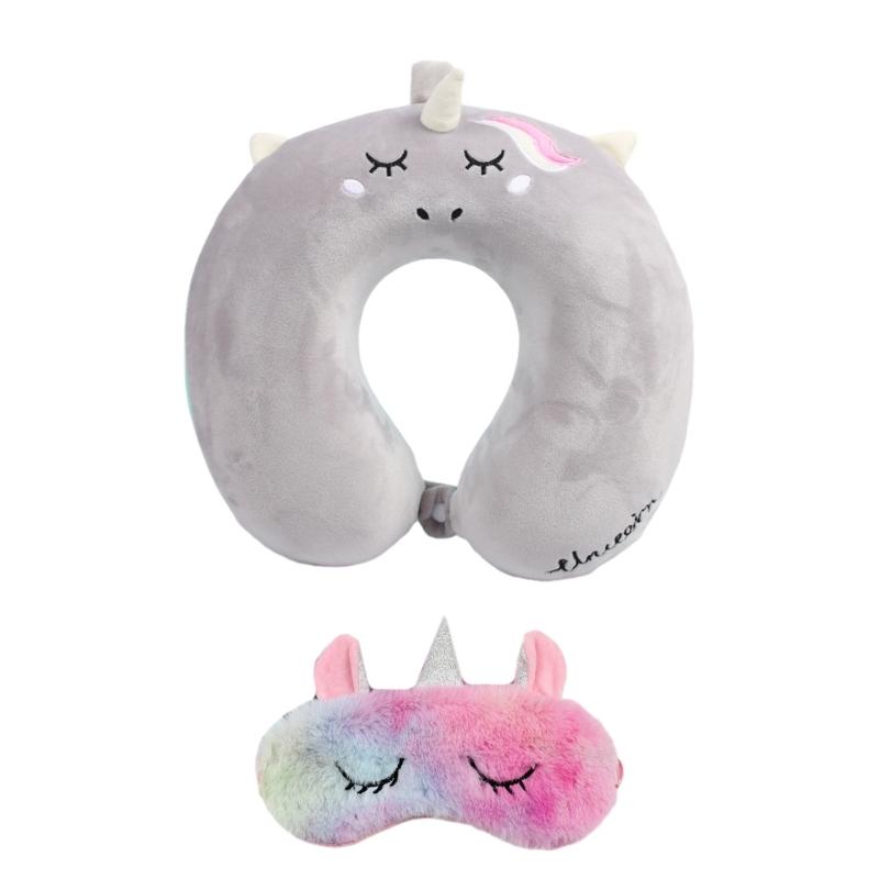 Set Cuscino da Viaggio per il Collo e Mascherina per gli Occhi con Unicorno a Forma di U per Ufficio Viaggio Riposo Cuscino Morbido per Donne Uomini Bambini Assistenza Sanitaria