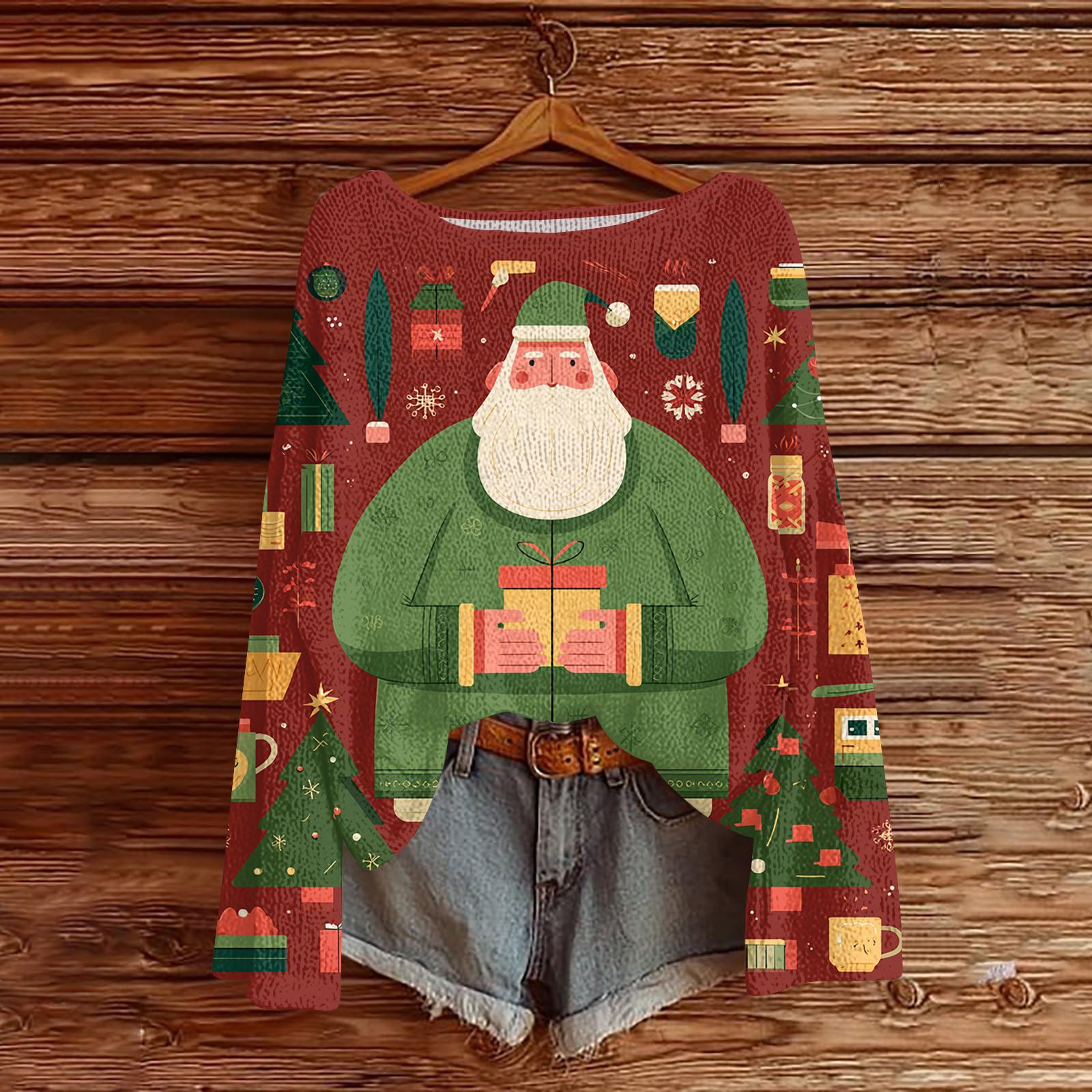 

Женский повседневный модный топ с круглым вырезом, рождественским принтом, длинным рукавом, вязаный пуловер XL винный