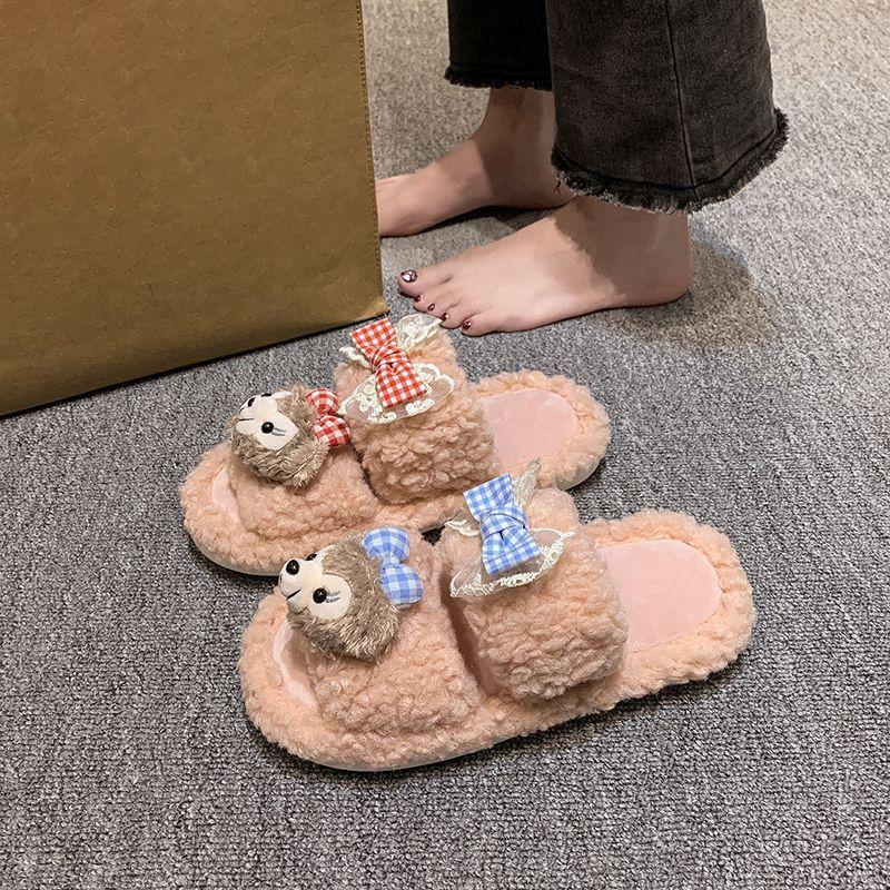 Cartoon cute fluffy slippers 2025 autumn and winter new fashion versatile comfortable warm word women's cotton slippers